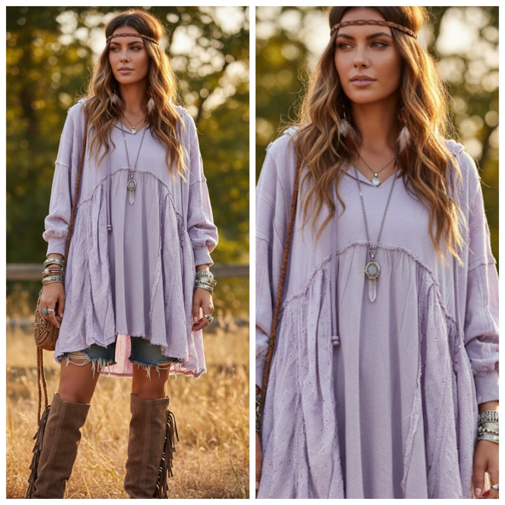 Lavender Boho Eyelit Distressed Sweatshirt Hoodie